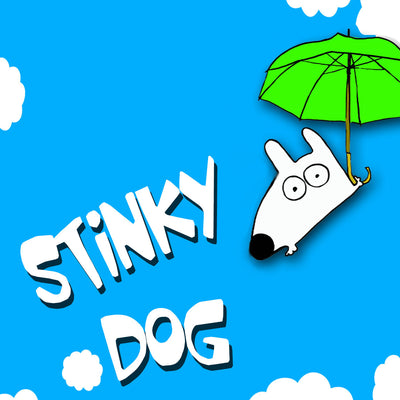 stinky dog floating in sky with fun green umbrella christmas santa