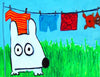 stinky dog hanging his wash on clothesline