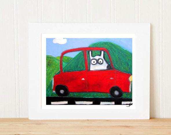 Matted Art Print | Stinky Dog In Le Car