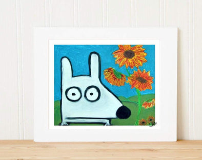 Matted Art Print | Stinky Dog Sunflowers