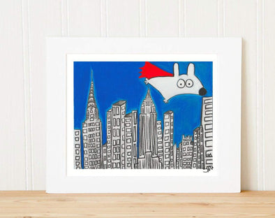 Matted Art Print | Super Stinky Dog Over New York City