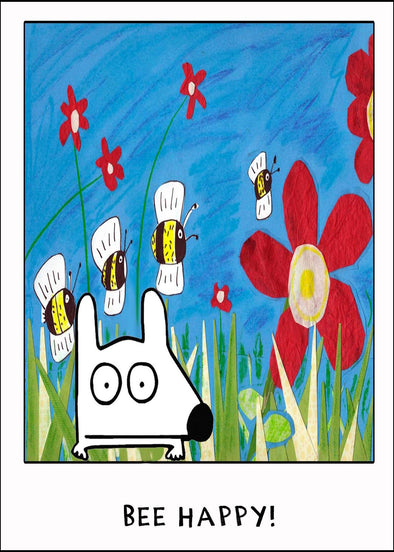 Stinky Dog greeting card with flower garden bees