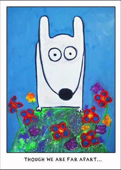 Stinky Dog greeting card sitting on flowers