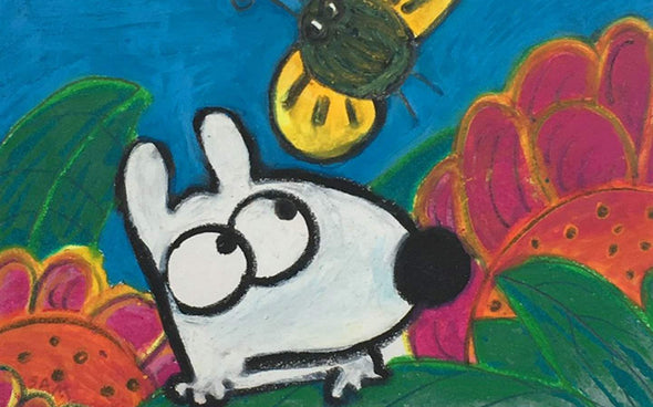 Stinky Dog original art summer with flowers and bees 