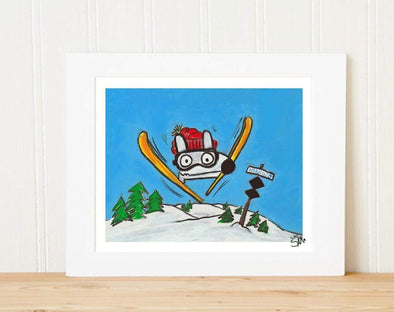 Matted Art Print | Stinky Dog Skiing