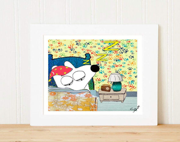 Matted Art Print | Stinky Dog Sleeps in his bed
